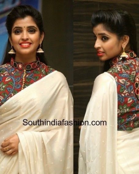 White Fancy Saree With Collar Neck Designer Blouse