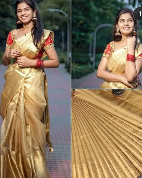 Gold Tissue Saree With Mirror Work Red Blouse