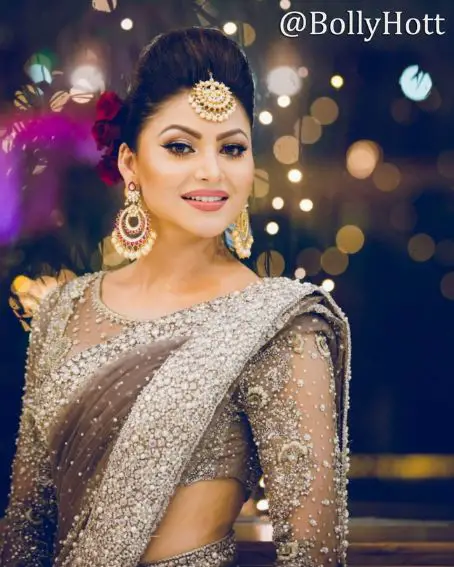 Urvashi Rautela In White Pearl Stoned Saree With Grand Net Blouse