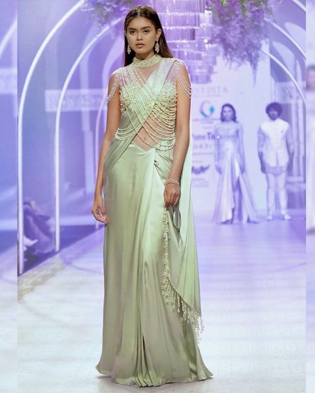 Beautiful Aqua Sea Green Saree Gown With Collar Neck