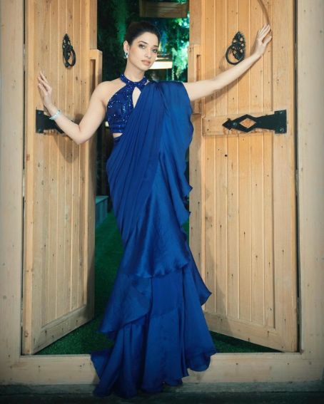 Fancy Navy Blue Ruffles Saree With Blouse