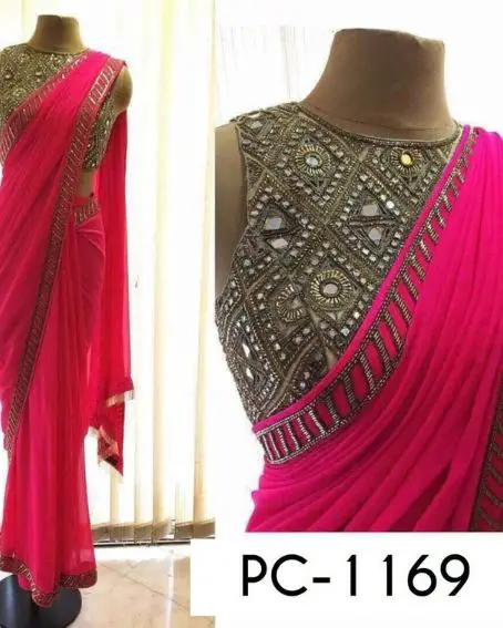Mirror Work Heavily Bembroid Blouse With Plain Pink Sareev