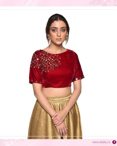 Red Party Wear Mirror Work Blouse