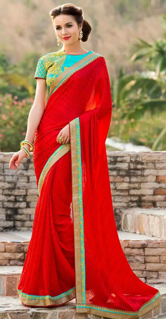 Red Chiffon Saree With Embroidery Blouse