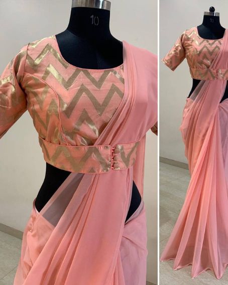 Peach Color Plain Saree With Belt Designer Blouse