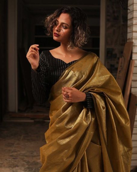 Gold Banarasi Saree And Black Full Sleeve Blouse With Stripes
