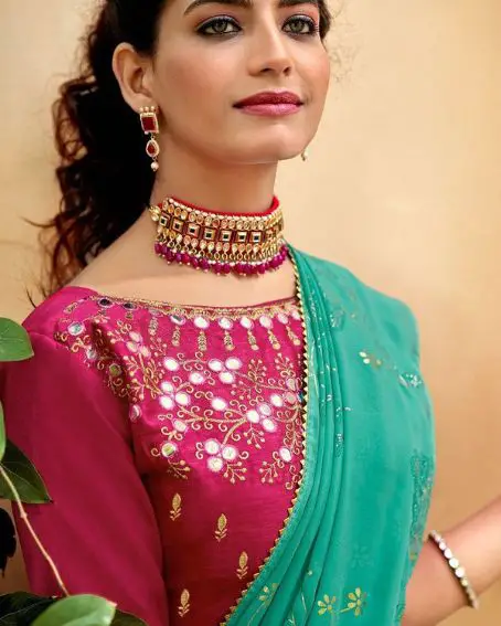 Pink Boat Neck Mirror Work Blouse With Green Saree