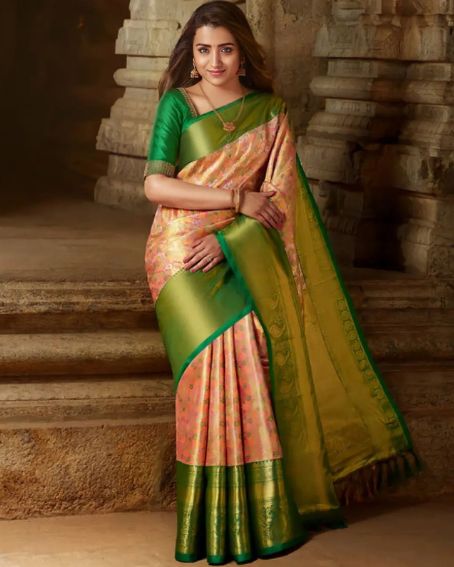 Trisha In Peach Pattu Saree With Green Border