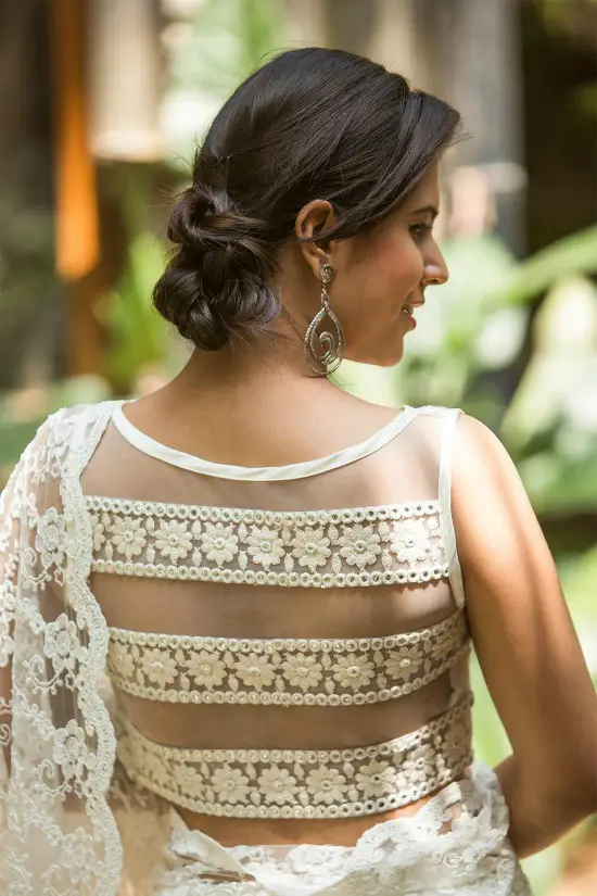 Off-White Threadwork Sleeveless Blouse With Net And Lace Sheer Back