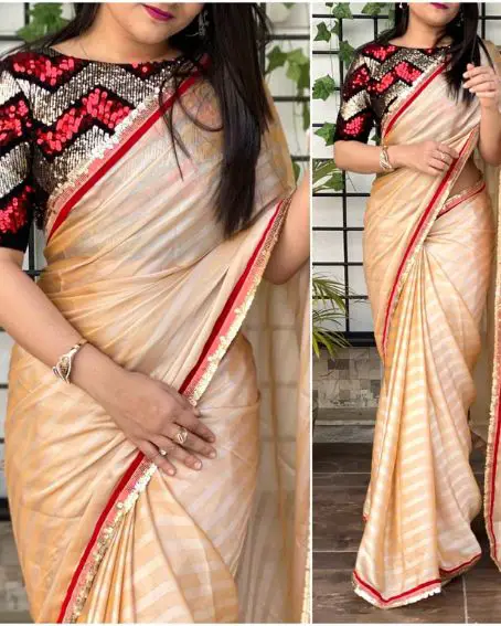 Tremendous Beige Color Saree With Designer Chamki Blouse