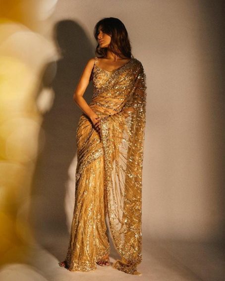 Gold Shimmer Sequin Saree With Bra Style Blouse