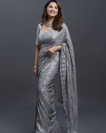 Ash Grey Sequin Designer Saree