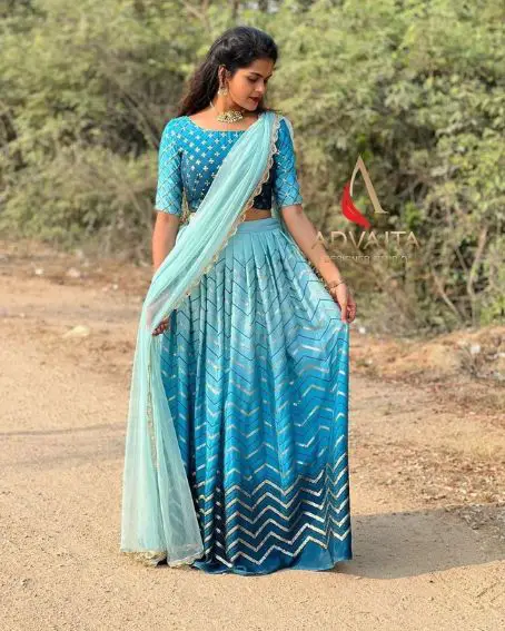 Back Hook Blue Color Half Saree Blouse