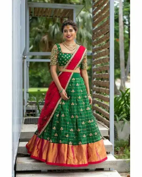 Beautiful Green Embroidered Blouse On Kanjivaram Silk Lehenga With Dupatta