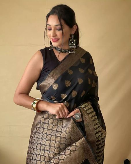 Black Cotton Linen Saree With Gold Zari Prints