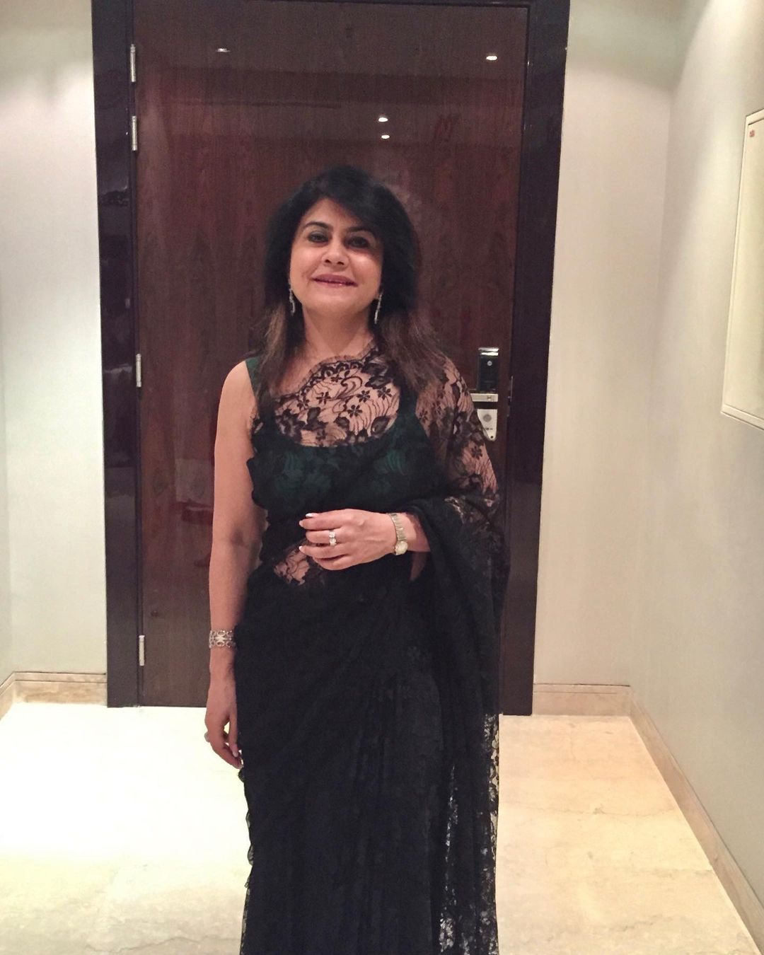 Black French Chantilly Lace Saree With Crepe-Tissue Blouse