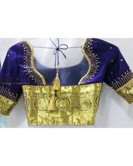 Blue And Gold Princess Cut Work Blouse Design