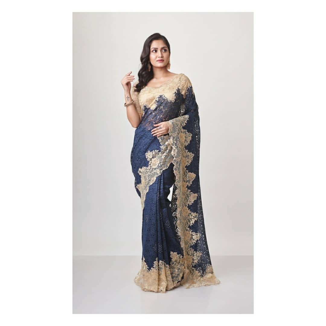 Blue Chantilly Lace Saree with Beautiful Full Sleeve Blouse