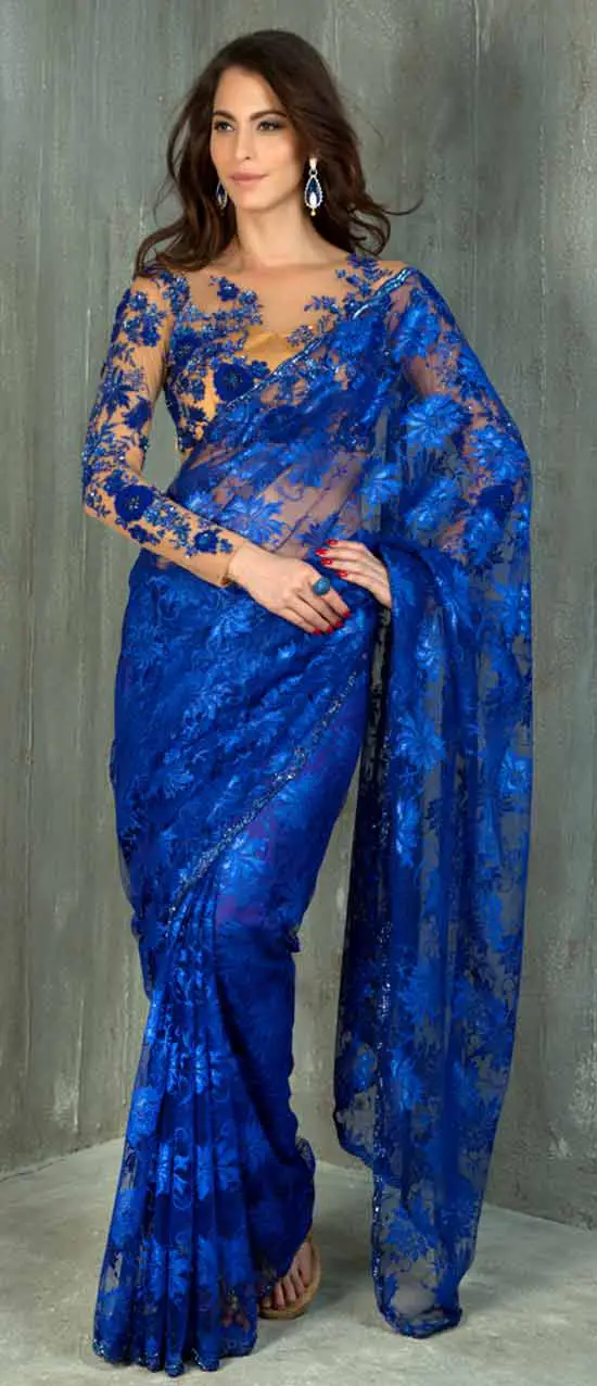 Blue Chantilly lace saree with beautiful full sleeve blouse