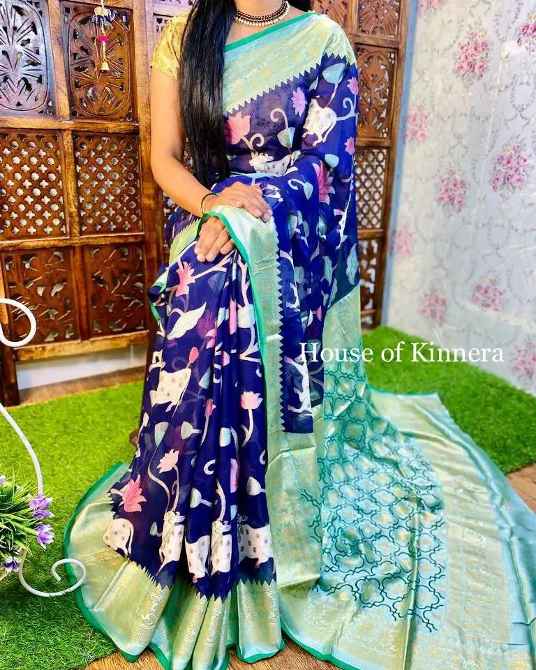 Blue Crepe Kalamkari Saree