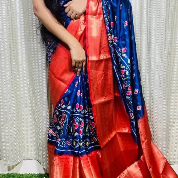 Blue Ecru Red Golden Buti Kalamkari Mangalagiri Cotton Saree