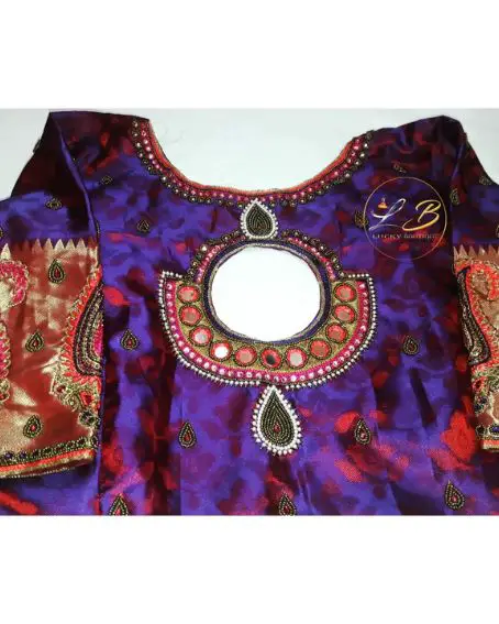 Boat Neck Simple Mirror Work Blouse Design