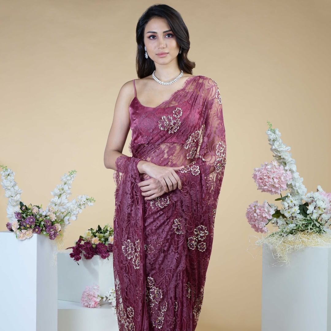 Cherry Red Chantilly Lace Saree