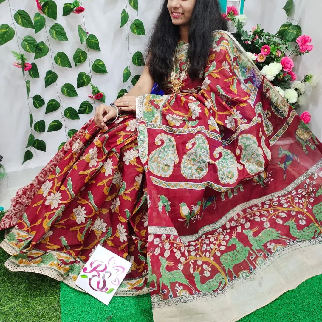 Cream And Maroon Kalamkari Saree Paired With Blue Blouse