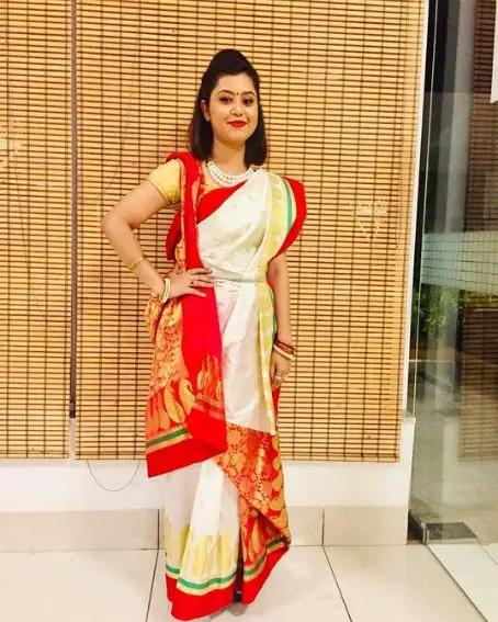 Cream And red Traditional Bengali Saree