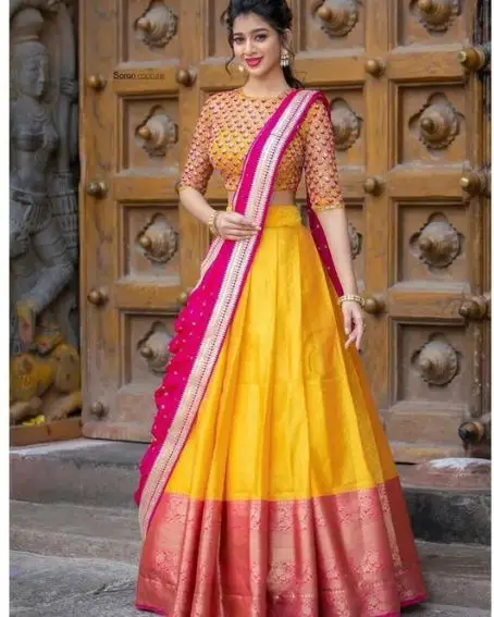 Full Neck Blouse For Yellow Color Silk Zari Lehenga And Dupatta