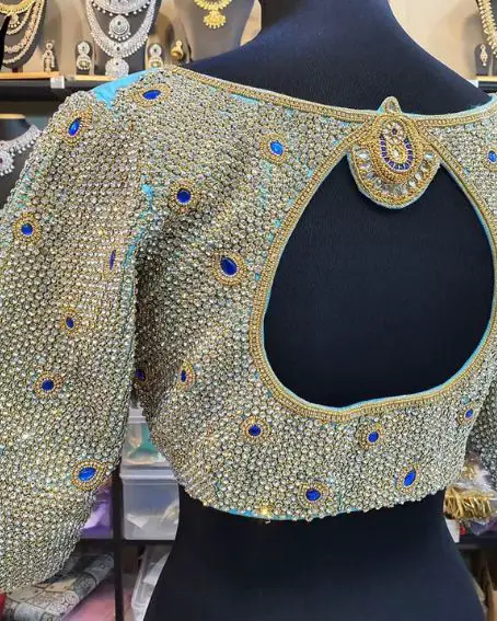 Full White With Blue Kundan Stoned Designer Blouse