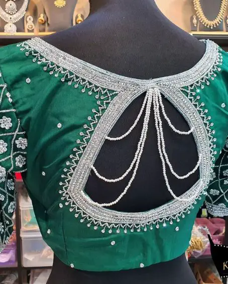 Green Sleeve With Pearl Chain Back Neck Designer Blouse