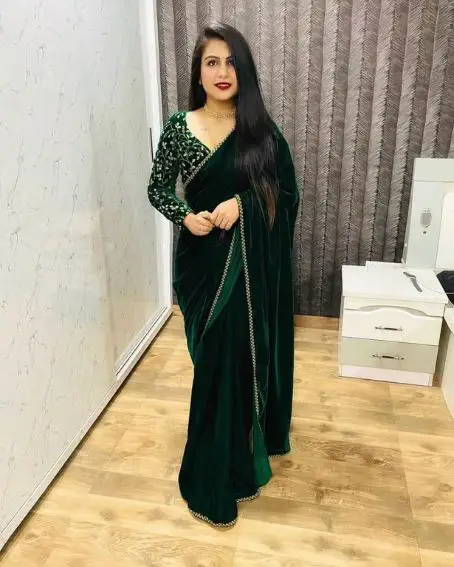 Green Velvet Full Sleeve Saree Blouse Design