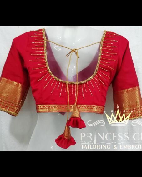 Half Sleeve Red Princess Cut Blouse With Flower String At The Back