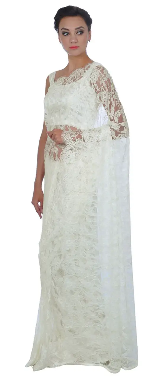 Ivory French Chantilly Lace Saree With Satin Crepe Blouse