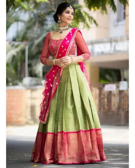 Kanjivaram Silk Zari Lehenga With Blouse And Diamond Belt Dupatta