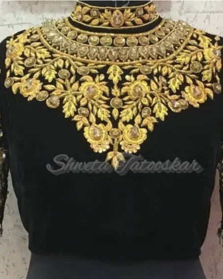 Maharani Style Velvet Blouse With Zari Work And Studded Cut Crystal