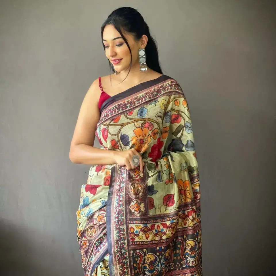 Mustard Brown Maroon Green Kalamkari Mangalagiri Cotton Saree