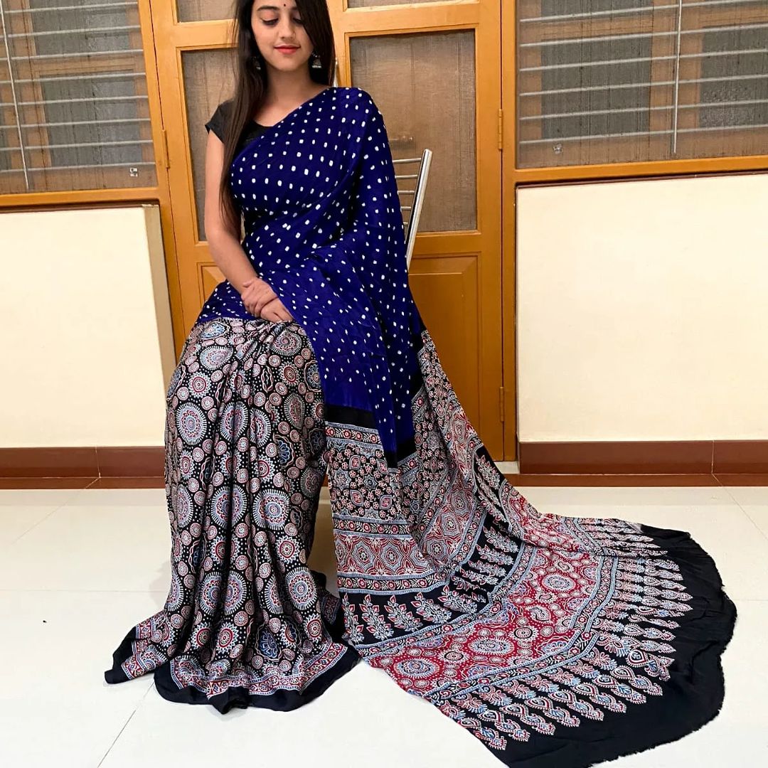 Navy Blue Half Silk Cotton With Red Chanderi & Kalamkari Pallu