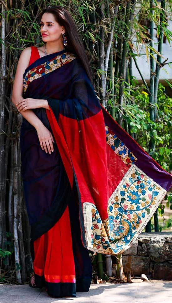 Women Navy Blue Linen Kalamkari & Ajrakh Saree main image 1