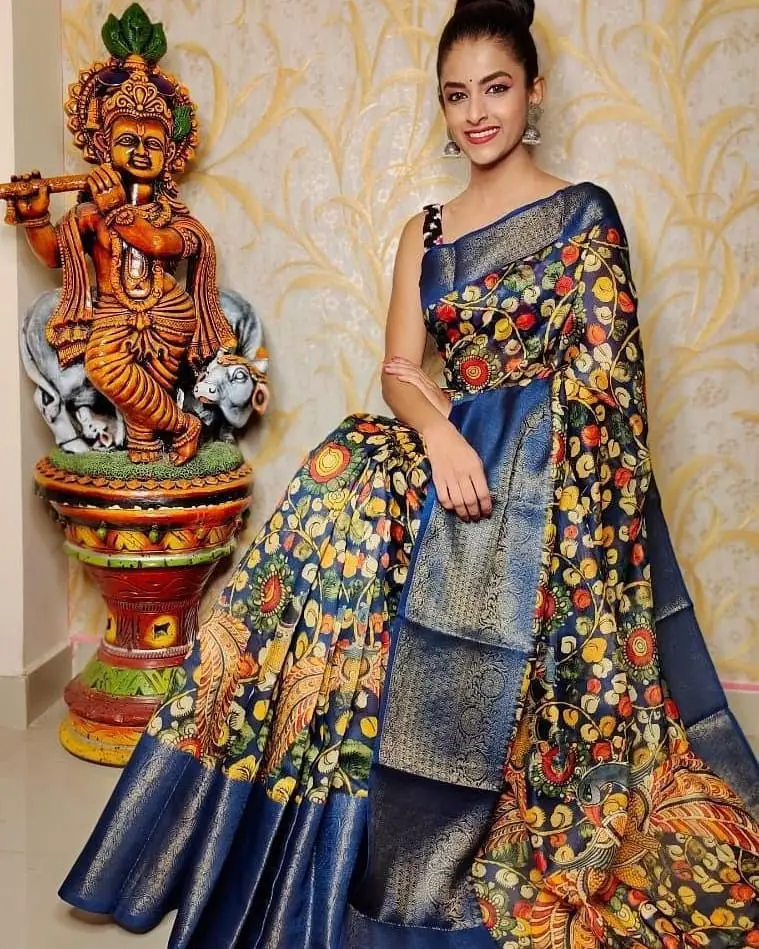 Navy blue semi crepe saree with printed Kalamkari Border and Pallu