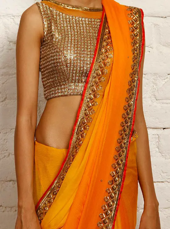 Orange Ombre Chiffon Saree With Gold Blouse
