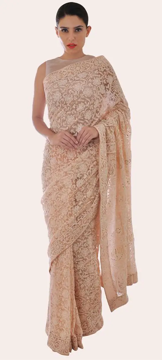 Oyster Pink Chikankari And Kamdani Net Saree