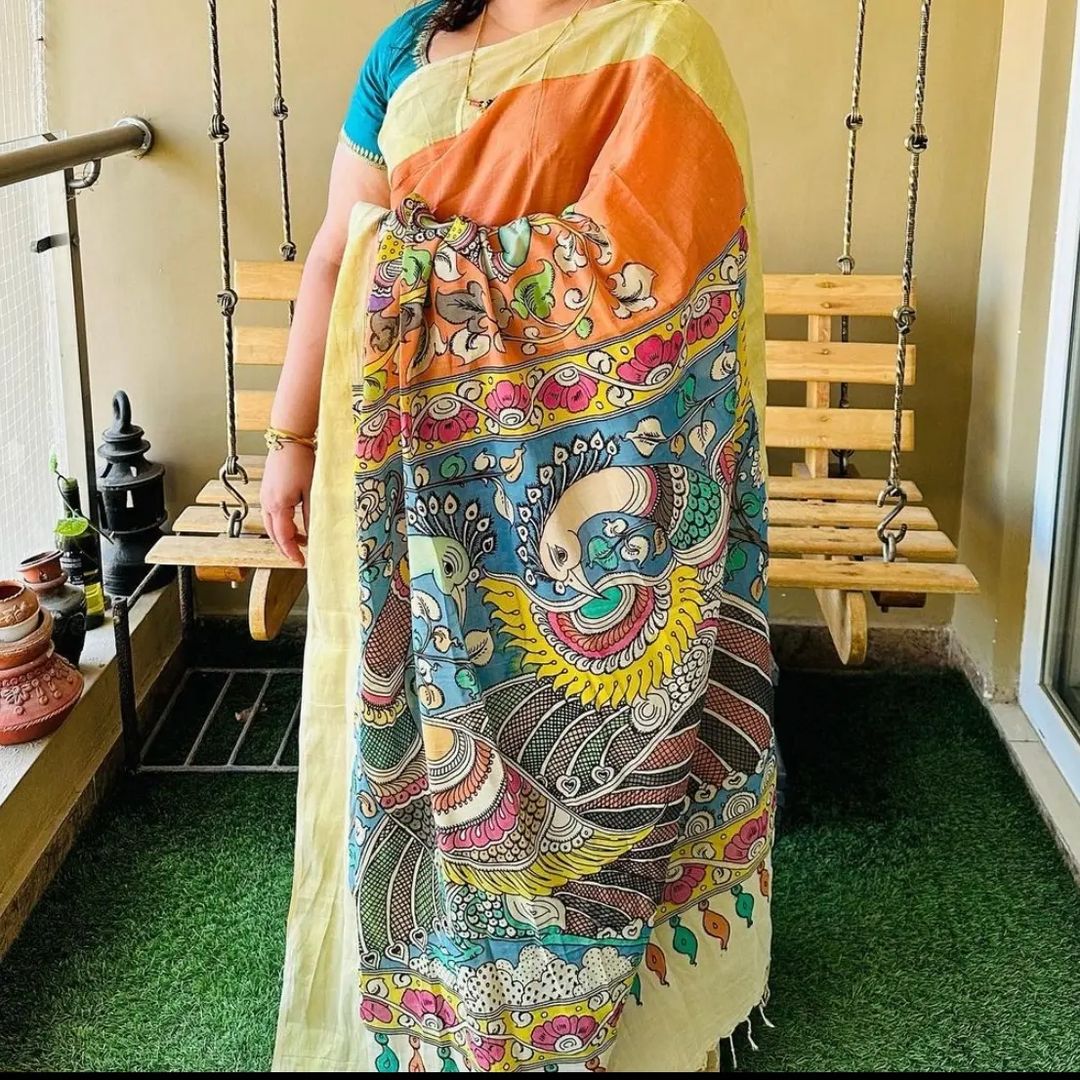 Printed Kalamkari Cotton Saree with Yellow Border