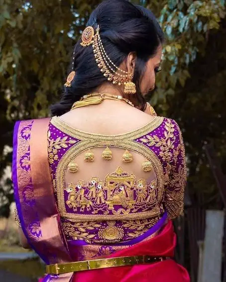 Purple Heavy Work Design Blouse With Dangling Jhumki