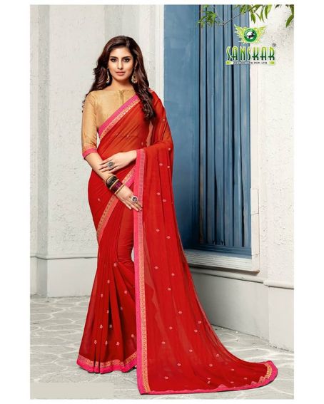 Red Fancy Saree With Golden Color Blouse