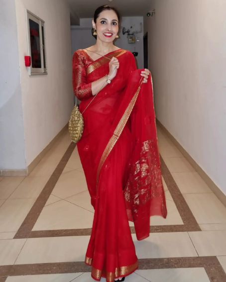 Red plain georgette saree with blouse - sadika - 3725570