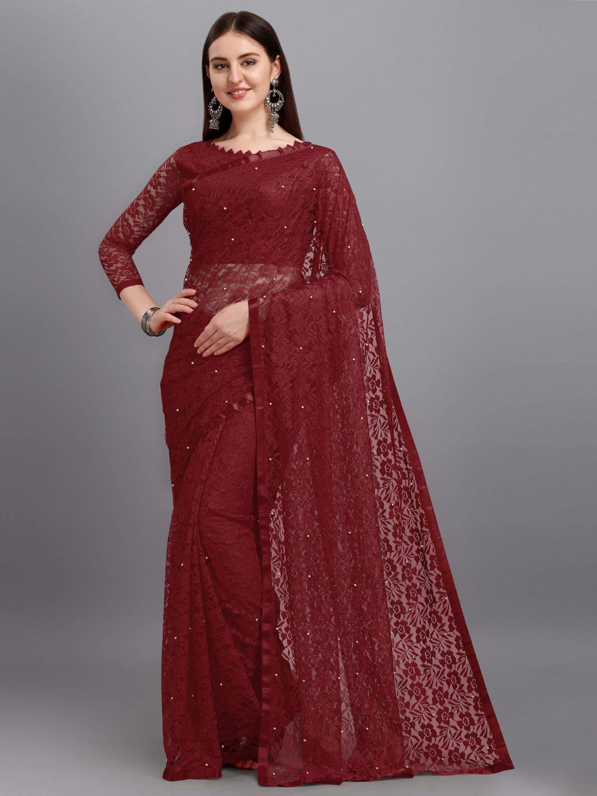 Red French Chantilly Lace Saree With Sheer Blouse