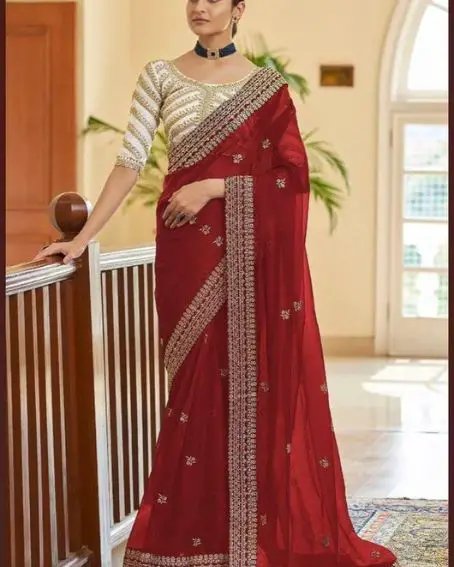 Red Silk Saree With White Embroidered Blouse