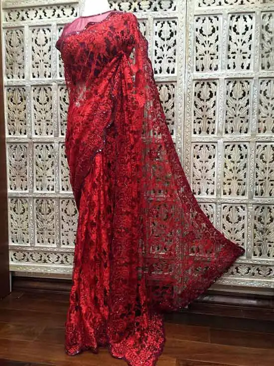 Scarlet red and burgundy dual tone French Chantilly lace saree
